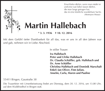 Traueranzeige von Martin Hallebach von Trauerportal Rhein Main Presse