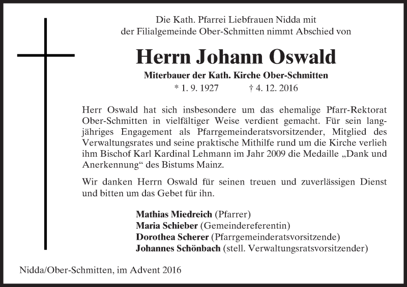  Traueranzeige für Johann Oswald vom 13.12.2016 aus  Kreisanzeiger