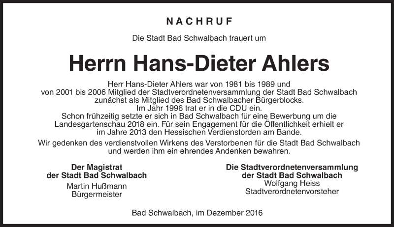  Traueranzeige für Hans-Dieter Ahlers vom 31.12.2016 aus Trauerportal Rhein Main Presse