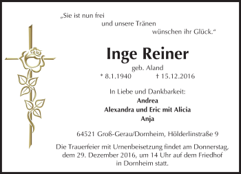 Traueranzeige von Inge Reiner von Trauerportal Echo Online