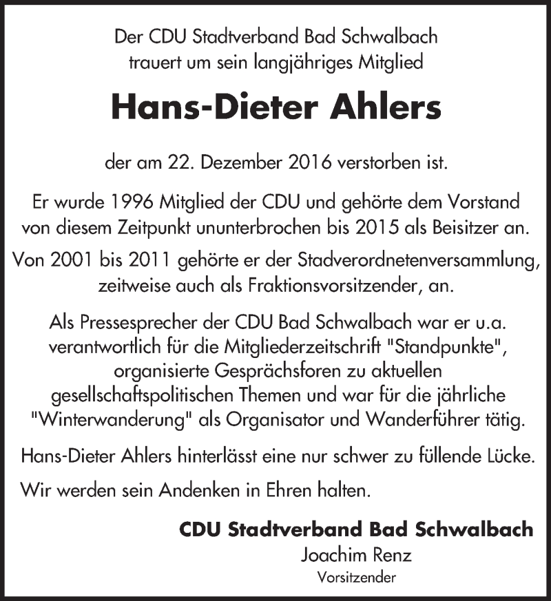  Traueranzeige für Hans-Dieter Ahlers vom 31.12.2016 aus Trauerportal Rhein Main Presse