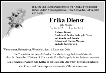 Traueranzeige von Erika Dienst von  Usinger Anzeiger