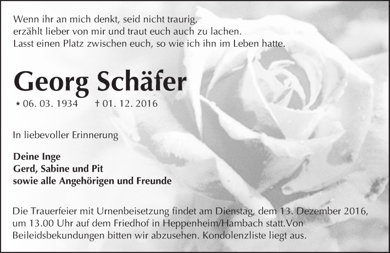  Traueranzeige für Georg Schäfer vom 10.12.2016 aus Trauerportal Echo Online
