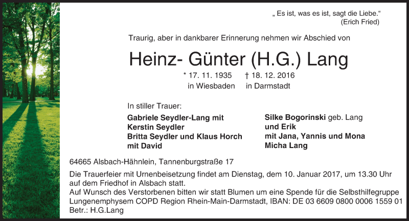  Traueranzeige für Heinz- Günter Lang vom 24.12.2016 aus Trauerportal Echo Online