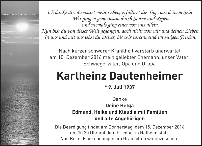  Traueranzeige für Karlheinz Dautenheimer vom 13.12.2016 aus Trauerportal Echo Online