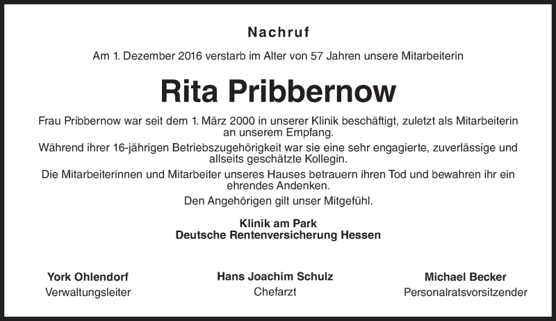  Traueranzeige für Rita Pribbernow vom 23.12.2016 aus Trauerportal Rhein Main Presse