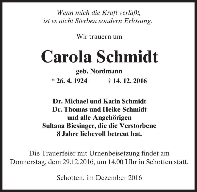  Traueranzeige für Carola Schmidt vom 24.12.2016 aus  Kreisanzeiger