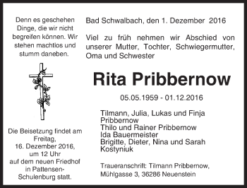 Traueranzeige von Rita Pribbernow von Trauerportal Rhein Main Presse