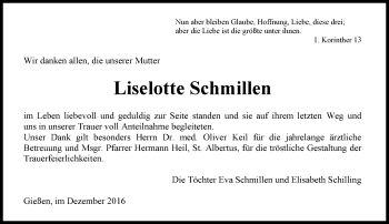 Traueranzeige von Liselotte Schmillen von  Gießener Anzeiger