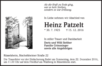 Traueranzeige von Heinz Patzelt von Trauerportal Rhein Main Presse