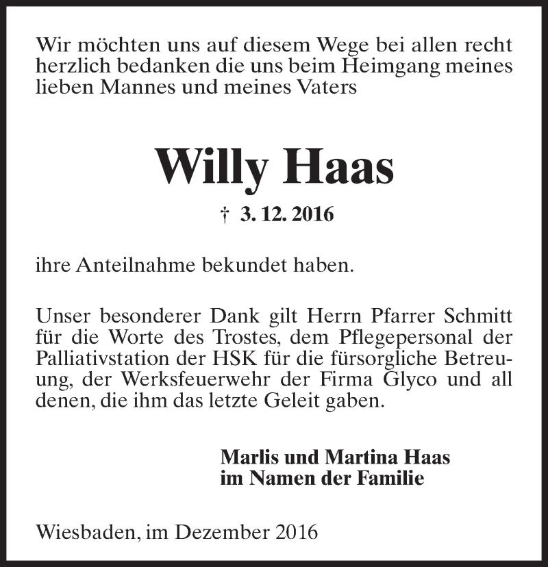  Traueranzeige für Willy Haas vom 21.12.2016 aus Trauerportal Rhein Main Presse
