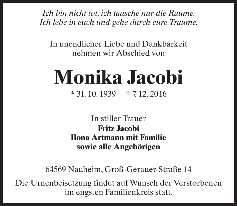  Traueranzeige für Monika Jacobi vom 10.12.2016 aus Trauerportal Echo Online