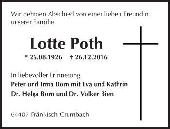 Traueranzeige von Lotte Poth von Trauerportal Echo Online