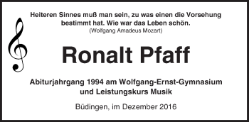 Traueranzeige von Ronalt Pfaff von  Kreisanzeiger