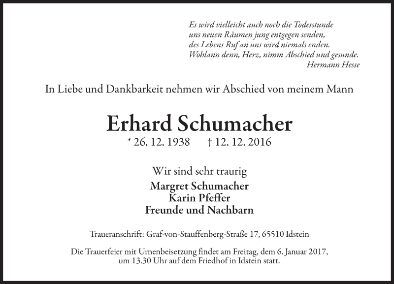  Traueranzeige für Erhard Schumacher vom 17.12.2016 aus Trauerportal Rhein Main Presse