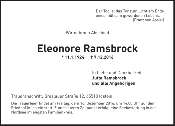Traueranzeige von Eleonore Ramsbrock von Trauerportal Rhein Main Presse