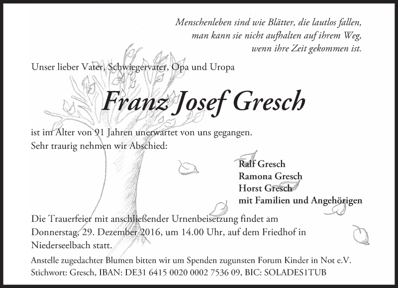  Traueranzeige für Franz Josef Gresch vom 24.12.2016 aus Trauerportal Rhein Main Presse