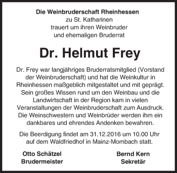 Traueranzeige von Helmut Frey von Trauerportal Rhein Main Presse