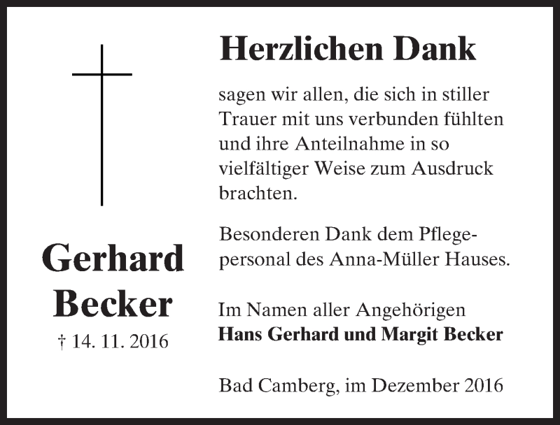  Traueranzeige für Gerhard Becker vom 08.12.2016 aus  Camberger Anzeiger
