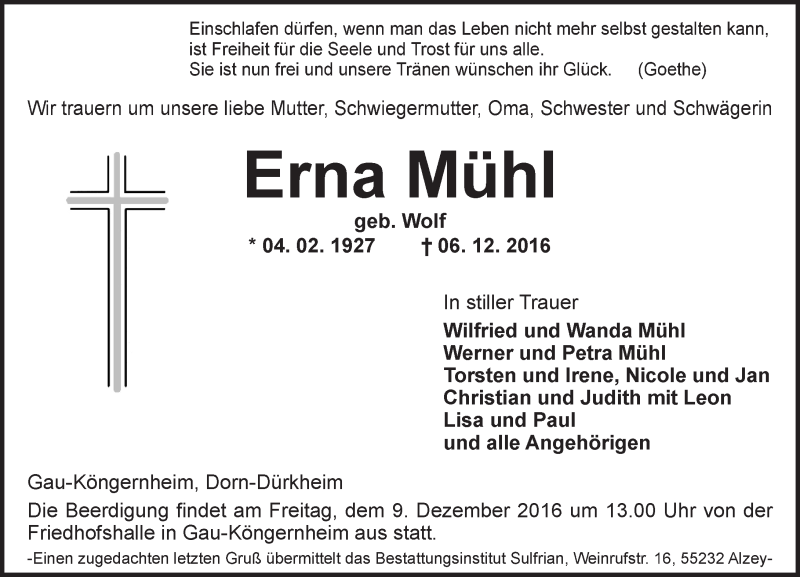  Traueranzeige für Erna Mühl vom 08.12.2016 aus Trauerportal Rhein Main Presse