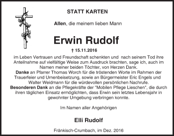 Traueranzeige von Erwin Rudolf von Trauerportal Echo Online