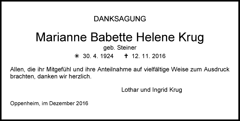  Traueranzeige für Marianne Babette Helene Krug vom 10.12.2016 aus Trauerportal Rhein Main Presse