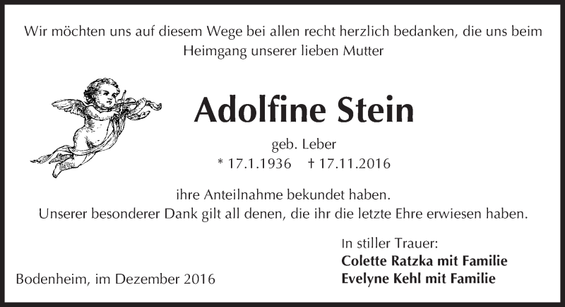  Traueranzeige für Adolfine Stein vom 31.12.2016 aus Trauerportal Rhein Main Presse