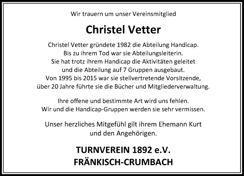  Traueranzeige für Christel Vetter vom 29.12.2016 aus Trauerportal Echo Online