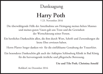 Traueranzeige von Harry Poth von Trauerportal Echo Online