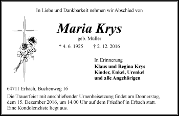 Traueranzeige von Maria Krys von Trauerportal Echo Online