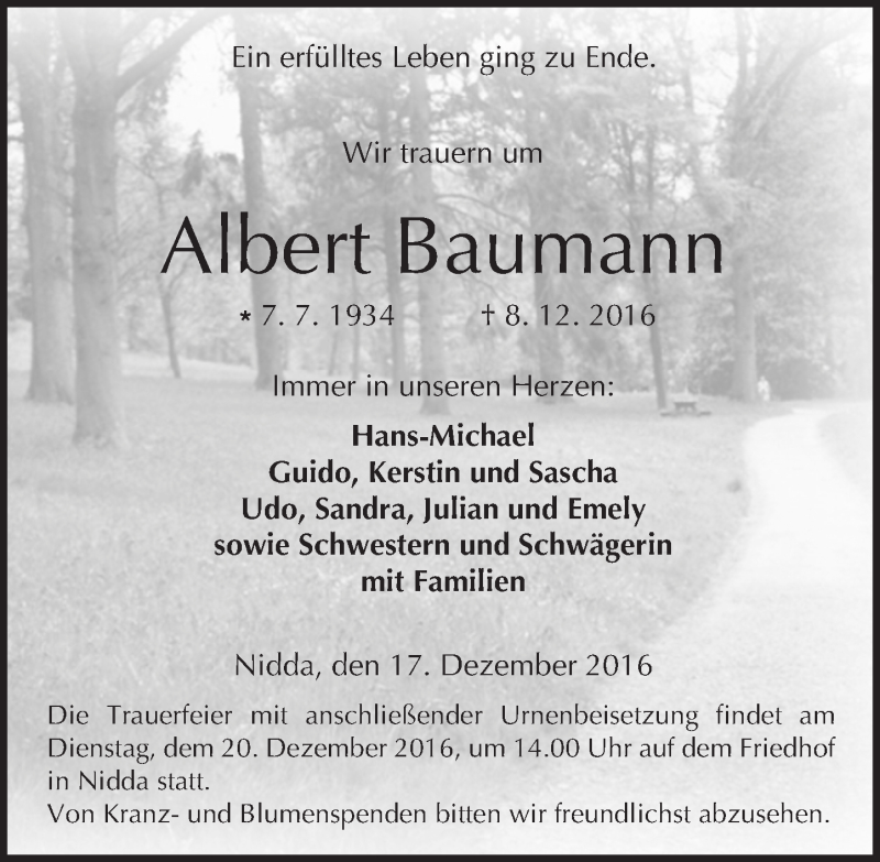  Traueranzeige für Albert Baumann vom 17.12.2016 aus  Kreisanzeiger