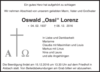 Traueranzeige von Oswald Lorenz von Trauerportal Echo Online