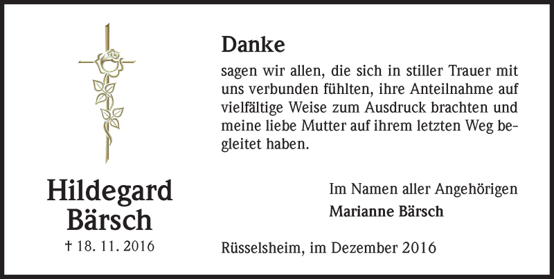  Traueranzeige für Hildegard Bärsch vom 10.12.2016 aus Trauerportal Rhein Main Presse