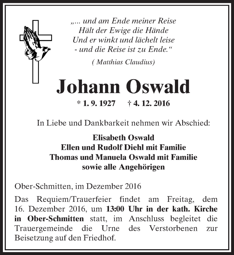  Traueranzeige für Johann Oswald vom 10.12.2016 aus  Kreisanzeiger
