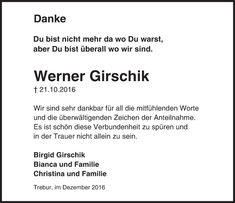  Traueranzeige für Werner Girschik vom 06.12.2016 aus Trauerportal Echo Online