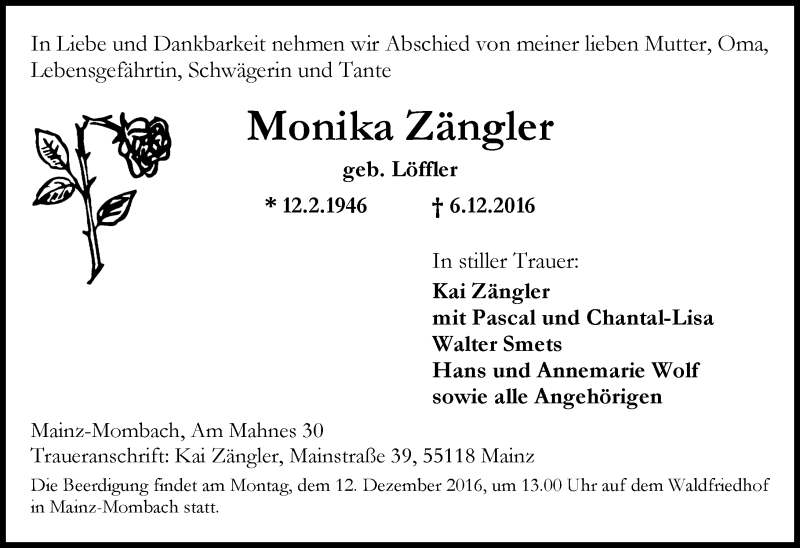  Traueranzeige für Monika Zängler vom 10.12.2016 aus Trauerportal Rhein Main Presse
