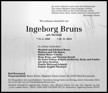 Traueranzeige von Ingeborg Bruns von Trauerportal Rhein Main Presse
