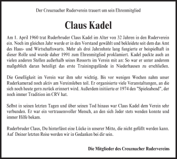 Traueranzeige von Claus Kadel von Trauerportal Rhein Main Presse