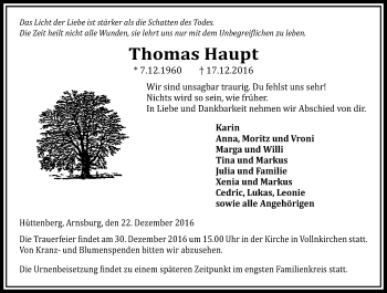 Traueranzeige von Thomas Haupt von  Gießener Anzeiger
