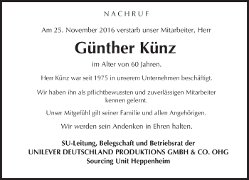 Traueranzeige von Günther Künz von Trauerportal Echo Online