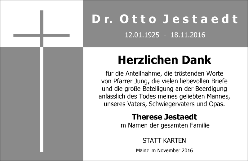  Traueranzeige für Therese Jestaedt vom 03.12.2016 aus Trauerportal Rhein Main Presse