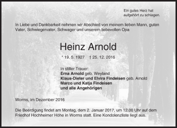 Traueranzeige von Heinz Arnold von Trauerportal Rhein Main Presse