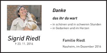 Traueranzeige von Sigrid Riedl von Trauerportal Rhein Main Presse