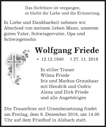 Traueranzeige von Wolfgang Friede von Trauerportal Echo Online