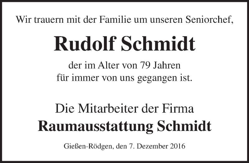  Traueranzeige für Rudolf Schmidt vom 07.12.2016 aus  Gießener Anzeiger