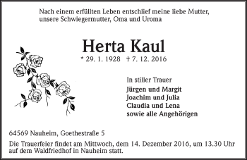 Traueranzeige von Herta Kaul von Trauerportal Echo Online