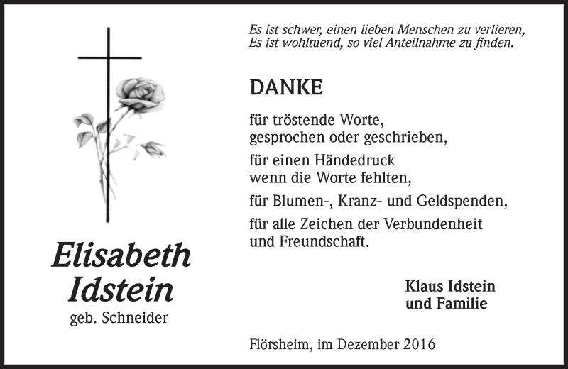  Traueranzeige für Elisabeth Idstein vom 23.12.2016 aus Trauerportal Rhein Main Presse