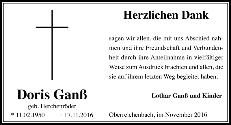 Traueranzeige für Doris Ganß vom 03.12.2016 aus  Kreisanzeiger