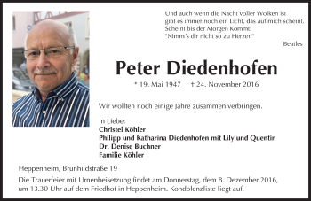 Traueranzeige von Peter Diedenhofen von Trauerportal Echo Online