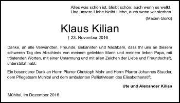 Traueranzeige von Klaus Kilian von Trauerportal Echo Online